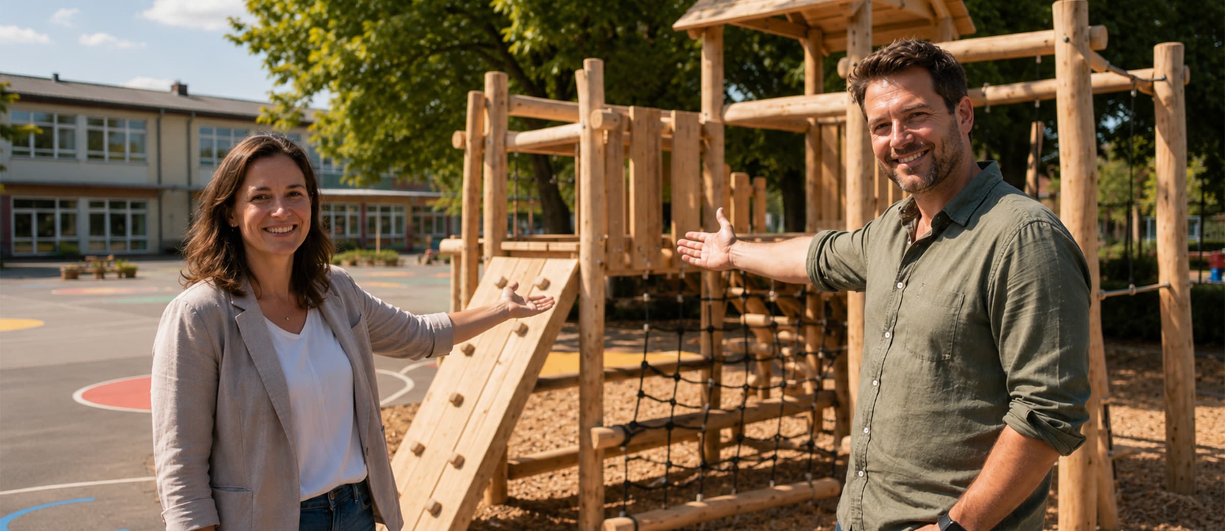 Eine Lehrerin und ein Vater zeigen auf ein neues Klettergerüst aus Holz auf dem Schulhof, das der Förderverein finanziert hat
