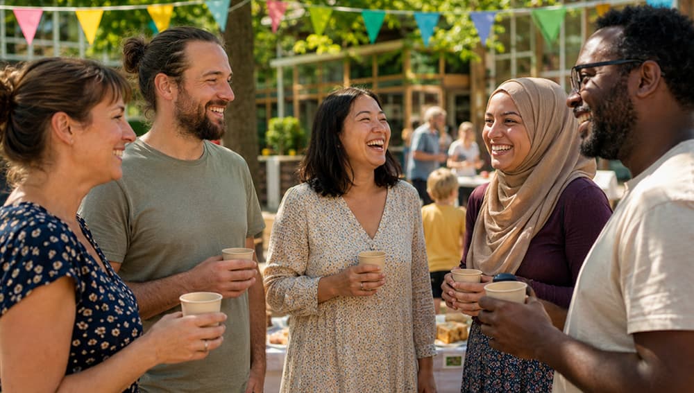 Eltern unterschiedlicher Herkunft stehen lachend mit Kaffeebechern beim Sommerfest des Fördervereins auf dem Schulhof zusammen